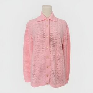 Duet VTG Mod 60s Baby Pink Knit Cardigan Women L Faux Pearl Button Twee Coquette